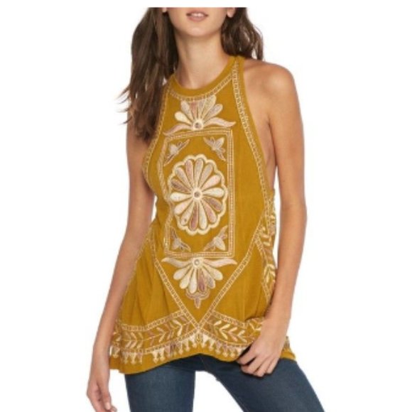 Free People Tops - Free People Isabella Mustard Yellow Embroidered Halter Top NWT Size Extra Small